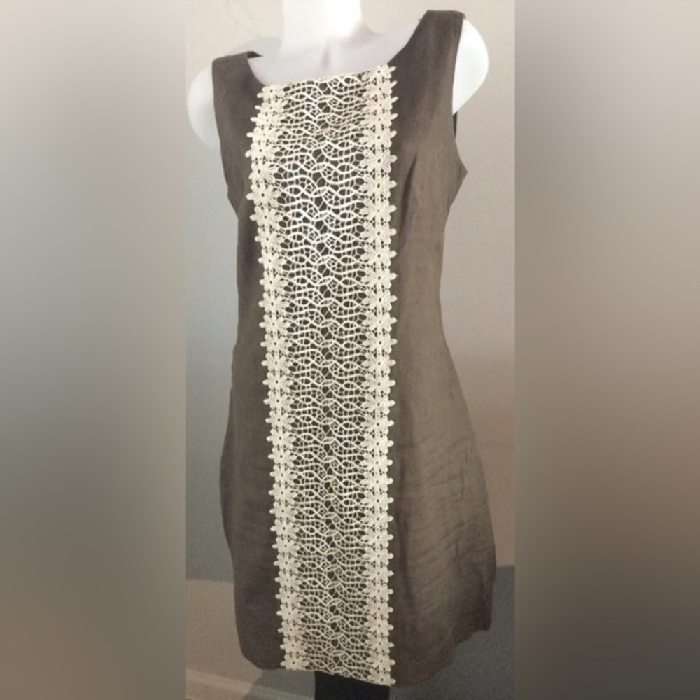 70s Carol Little Cocoa Linen Dress Lace Detail Size 8